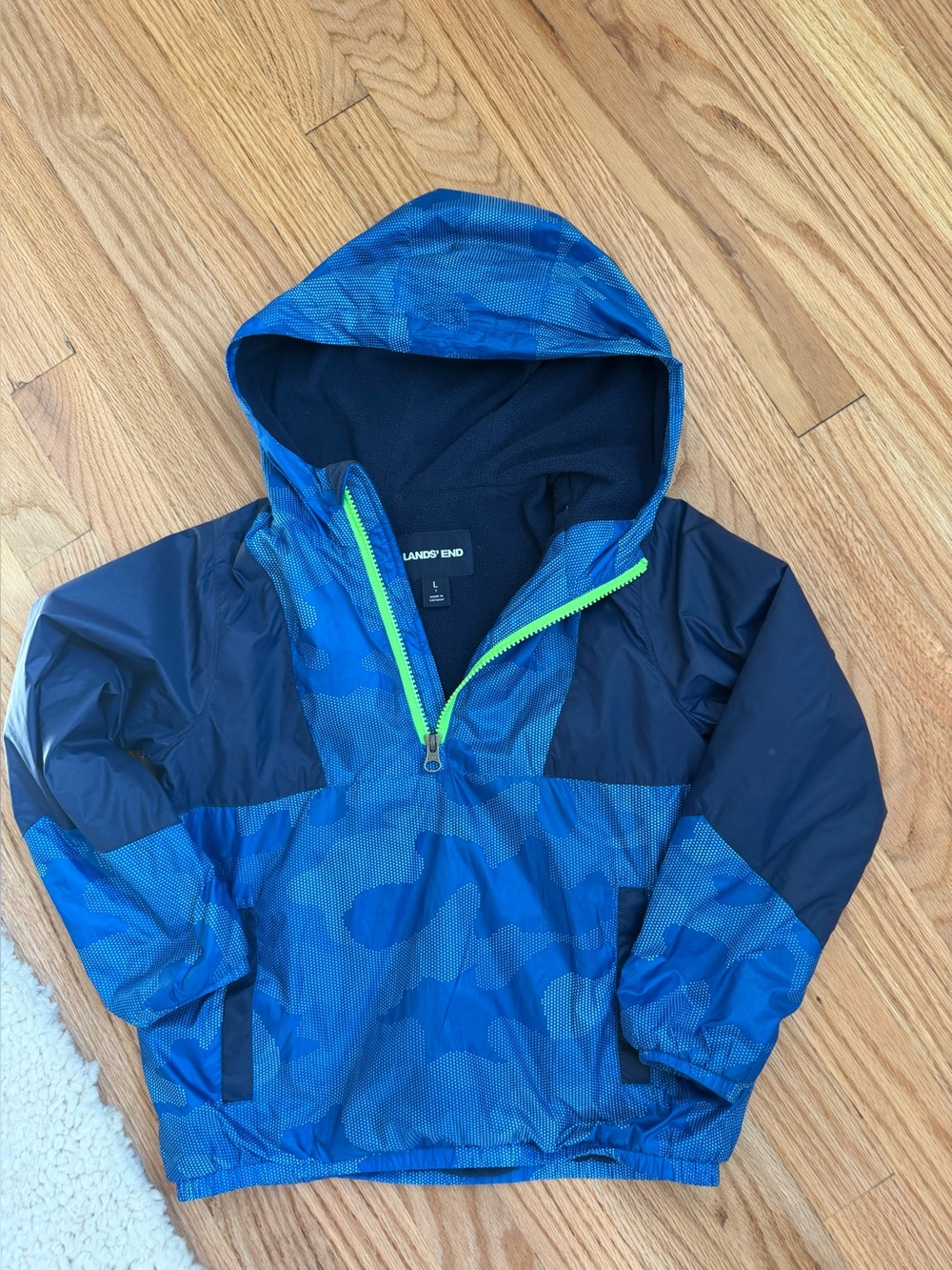 Lands' End Blue Camouflage Hooded Pullover with Neon Zipper